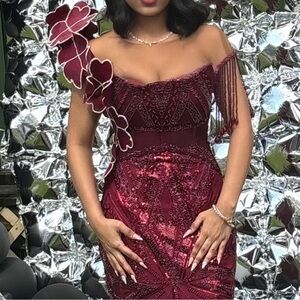 Burgundy Beaded Embroidered Dress with 3D Shoulder